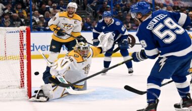 Tampa Bay Lightning center Jake Guentzel (59) scores on Nashville Predators goaltender Justus Annunen (29) during the second period of an NHL hockey game, Sunday, March 29, 2026, in Tampa, Fla. (AP Photo/Jason Behnken)
