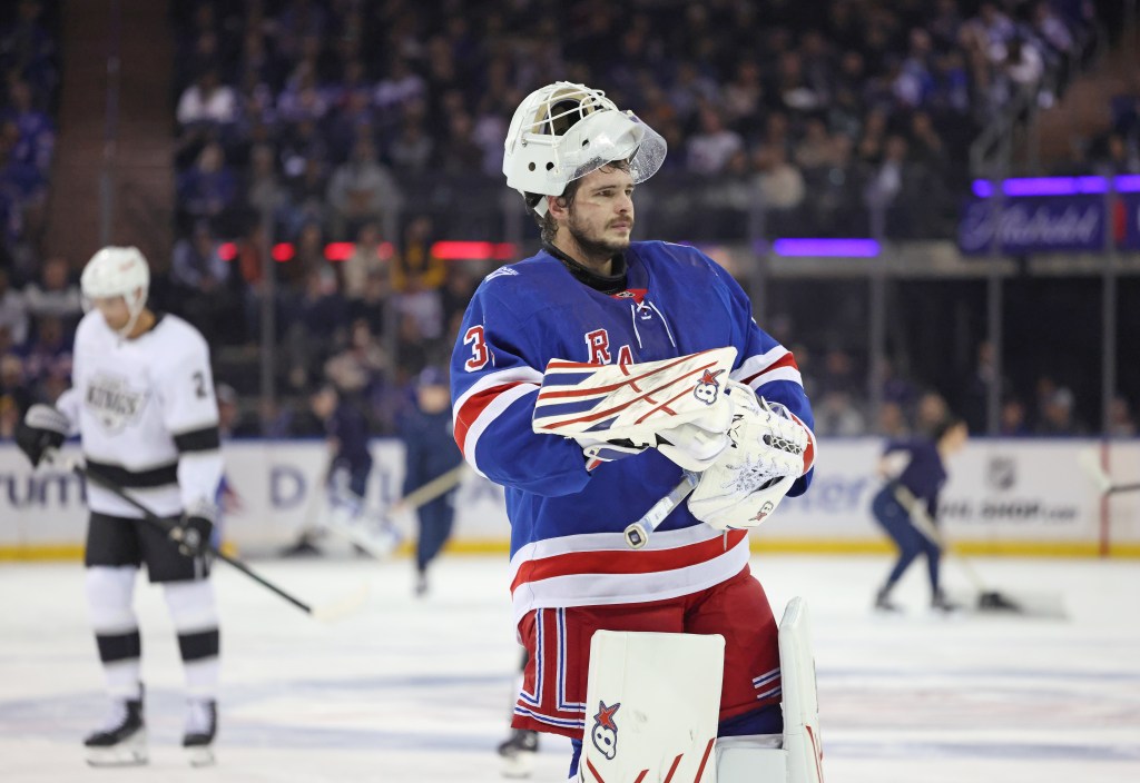 Rangers goaltender Igor Shesterkin #31 reacts after allowing a goal during the second period.
