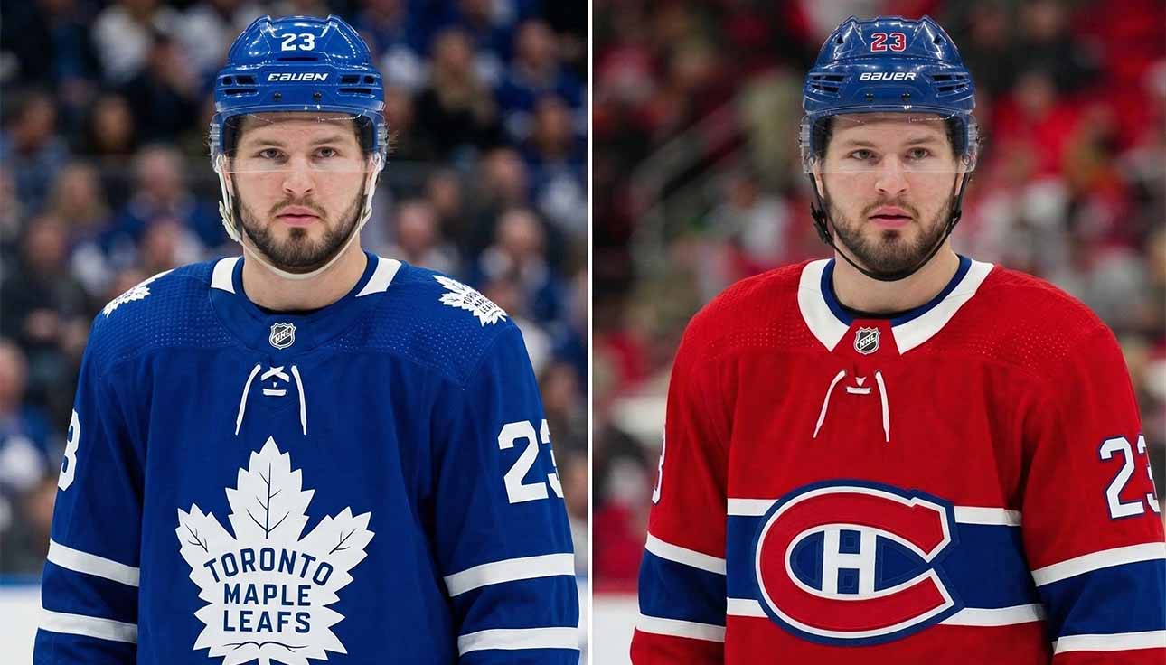 Mason McTavish NHL trade rumors concept image: Split-screen portrait wearing Toronto Maple Leafs and Montreal Canadiens jerseys.