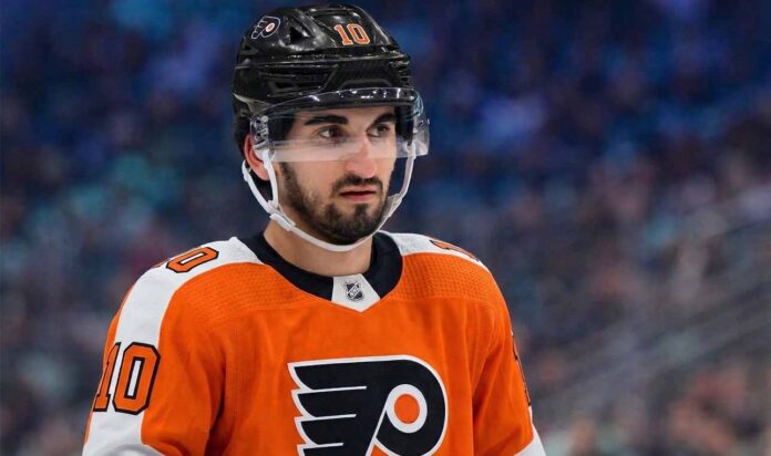 A photo visualization of Seattle Kraken center Matty Beniers wearing a Philadelphia Flyers orange home jersey, representing ongoing NHL trade rumors and speculative scenarios linking the two teams.