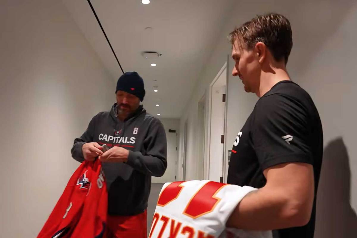 Alex Ovechkin and Mikael Backlund swap jerseys after recent Capitals-Flames game