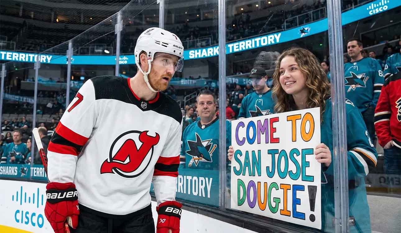 New Jersey Devils defenseman Dougie Hamilton looks at a hand-painted sign held by a smiling San Jose Sharks fan through the arena glass. The sign reads 'COME TO SAN JOSE DOUGIE!', referencing player movement and trade rumors between the two teams.