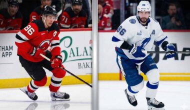 A dynamic split graphic comparing NHL stars Jack Hughes of the New Jersey Devils and Nikita Kucherov of the Tampa Bay Lightning. Hughes is shown on the left in a red home jersey stickhandling the puck, while Kucherov is on the right in a white away jersey skating. Both players prominently wear jersey number 86.
