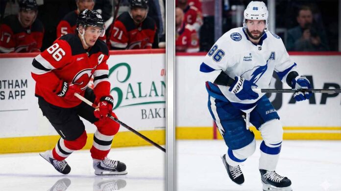 A dynamic split graphic comparing NHL stars Jack Hughes of the New Jersey Devils and Nikita Kucherov of the Tampa Bay Lightning. Hughes is shown on the left in a red home jersey stickhandling the puck, while Kucherov is on the right in a white away jersey skating. Both players prominently wear jersey number 86.
