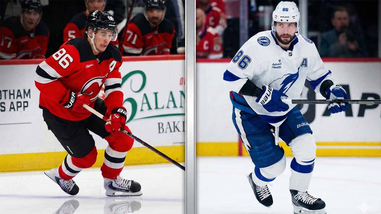 A dynamic split graphic comparing NHL stars Jack Hughes of the New Jersey Devils and Nikita Kucherov of the Tampa Bay Lightning. Hughes is shown on the left in a red home jersey stickhandling the puck, while Kucherov is on the right in a white away jersey skating. Both players prominently wear jersey number 86.