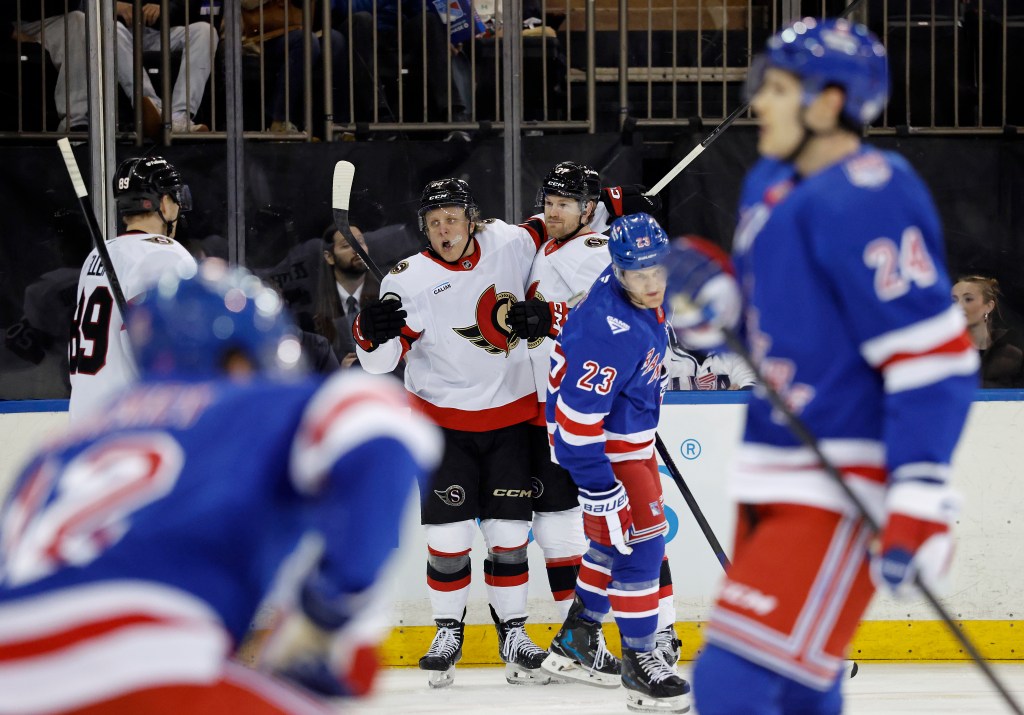 Ottawa Senators left wing Warren Foegele celebrates after scoring a goal.