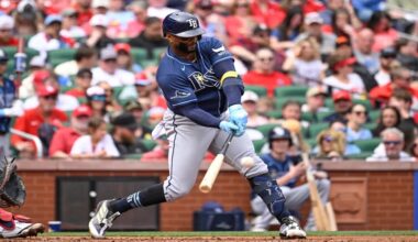 Tampa Bay Rays' Yandy Díaz hits an RBI single in the second inning of a baseball game against the St. Louis Cardinals, Sunday, March 29, 2026, in St. Louis. (AP Photo/Joe Puetz)