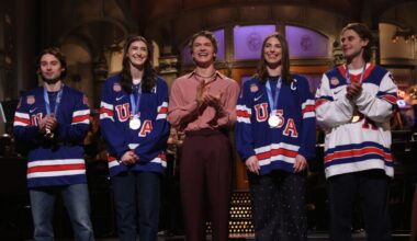 Quinn Hughes, Megan Keller, host Connor Storrie, Hilary Knight, and Jack Hughes during the SNL Monologue on Saturday, February 28, 2026