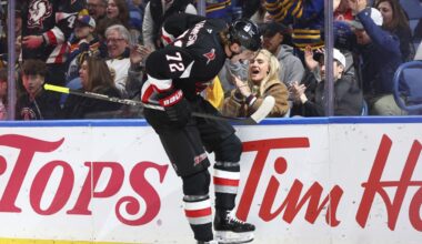 Buffalo Sabres center Tage Thompson (72) celebrates after scoring in an NHL hockey game in Buffalo, N.Y. (AP Photo/Jeffrey T. Barnes)