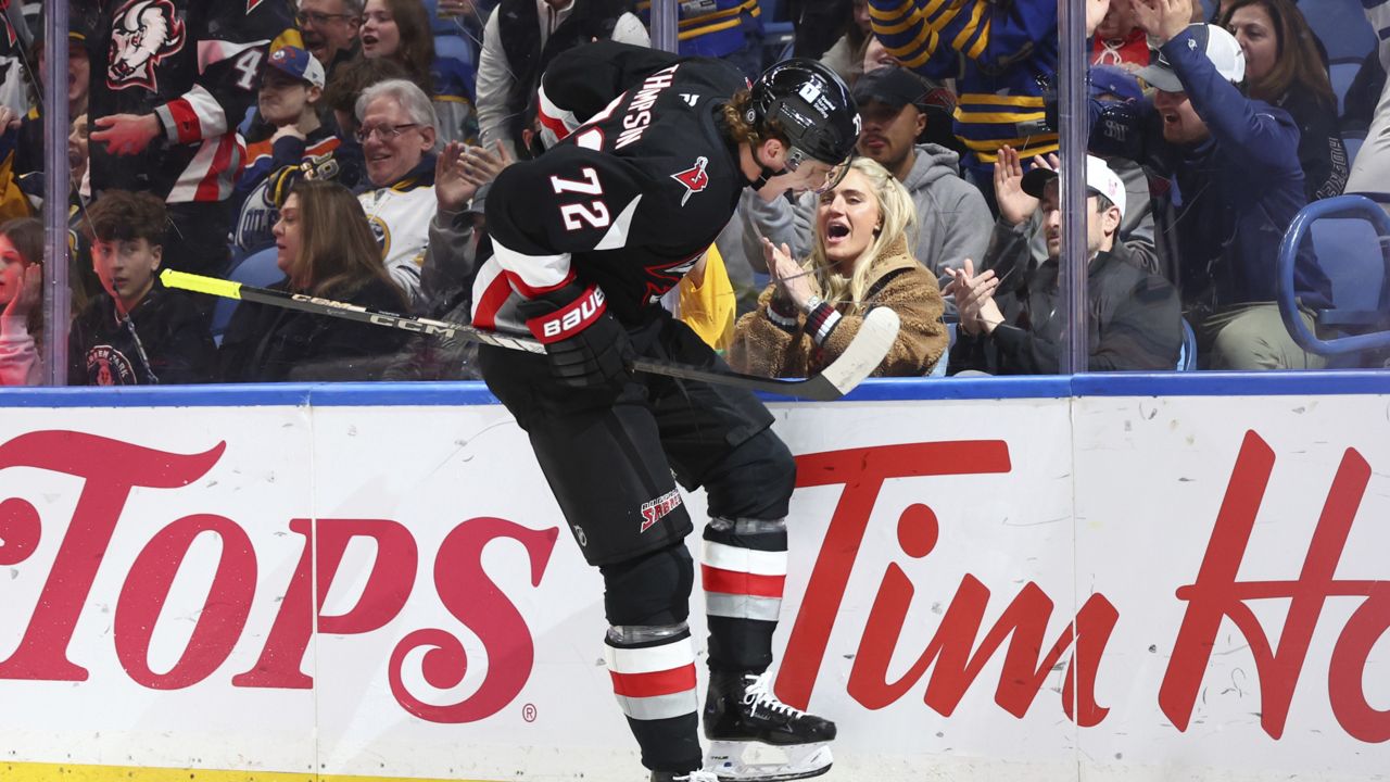 Buffalo Sabres center Tage Thompson (72) celebrates after scoring in an NHL hockey game in Buffalo, N.Y. (AP Photo/Jeffrey T. Barnes)