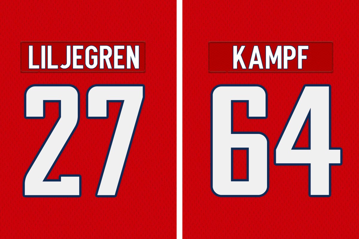 Timothy Liljegren and David Kampf receive their jersey numbers with Capitals