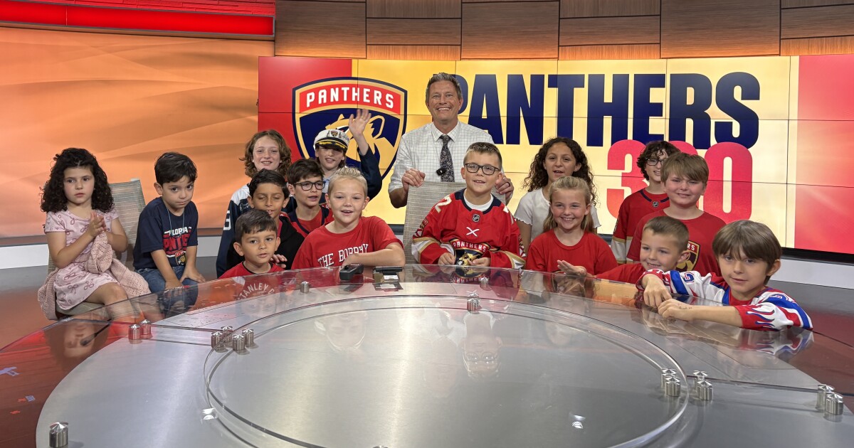 Panthers Kids Club tour WPTV studio with Panthers 360 host Mike Trim