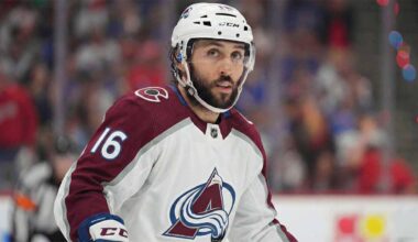 A visualization of center Vincent Trocheck wearing a white Colorado Avalanche away jersey, number 16, amid NHL trade rumors linking the current Rangers forward to Colorado for a Stanley Cup playoff run.