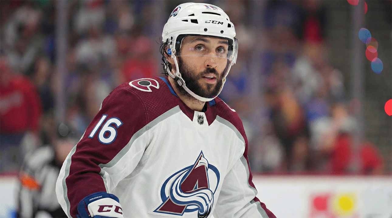 A visualization of center Vincent Trocheck wearing a white Colorado Avalanche away jersey, number 16, amid NHL trade rumors linking the current Rangers forward to Colorado for a Stanley Cup playoff run.