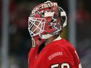 Jordan Binnington tends the net for Team Canada during the 4 Nations tournament in February.