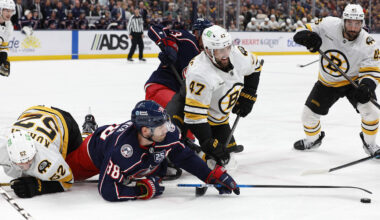 Mar 29, 2026; Columbus, Ohio, USA; Columbus Blue Jackets center Boone Jenner (38) reaches for the loose puck with Boston Bruins center Mark Kastelic (47) during the second period at Nationwide Arena. Mandatory Credit: Russell LaBounty-Imagn Images