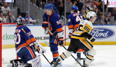 Mar 30, 2026; Elmont, New York, USA; Pittsburgh Penguins right wing Avery Hayes (85) celebrates his goal against New York Islanders goaltender Ilya Sorokin (30) during the third period at UBS Arena. Mandatory Credit: Brad Penner-Imagn Images