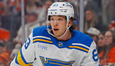 Jan 18, 2026; Edmonton, Alberta, CAN; St. Louis Blues forward Jake Neighbours (63) follows the play against the Edmonton Oilers at Rogers Place. Mandatory Credit: Perry Nelson-Imagn Images