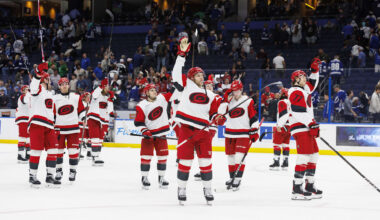 Mar 14, 2026; Tampa, Florida, USA; Carolina Hurricanes players wave to the crowd after the game against the Tampa Bay Lightning at Benchmark International Arena. Mandatory Credit: Morgan Tencza-Imagn Images