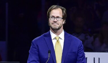 Jan 17, 2022; St. Louis, Missouri, USA;  Former St. Louis Blues defenseman Chris Pronger (44) speaks before his jersey is retired prior to a game between the St. Louis Blues and the Nashville Predators at Enterprise Center. Mandatory Credit: Jeff Curry-Imagn Images