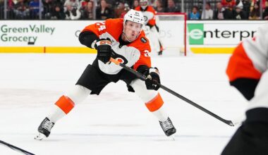 Jan 19, 2026; Las Vegas, Nevada, USA; Philadelphia Flyers defenseman Nick Seeler (24) passes the puck to Philadelphia Flyers right wing Travis Konecny (11) during a power play against the Vegas Golden Knights in the second period at T-Mobile Arena.
