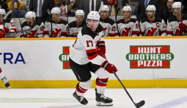 Mar 26, 2026; Nashville, Tennessee, USA;  New Jersey Devils defenseman Simon Nemec (17) skates with the puck against the Nashville Predators during the first period at Bridgestone Arena. Mandatory Credit: Steve Roberts-Imagn Images