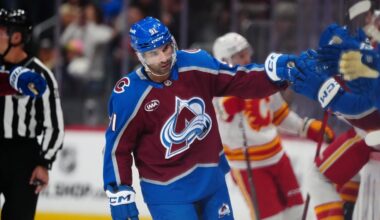 Mar 30, 2026; Denver, Colorado, USA; Colorado Avalanche center Nazem Kadri (91) celebrates his first goal of the first period against the Calgary Flames at Ball Arena. Mandatory Credit: Ron Chenoy-Imagn Images