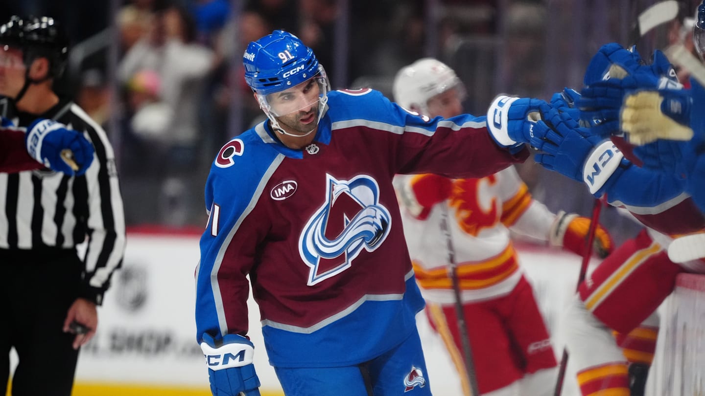 Mar 30, 2026; Denver, Colorado, USA; Colorado Avalanche center Nazem Kadri (91) celebrates his first goal of the first period against the Calgary Flames at Ball Arena. Mandatory Credit: Ron Chenoy-Imagn Images