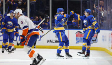 Mar 31, 2026; Buffalo, New York, USA;  Buffalo Sabres right wing Jack Quinn (22) celebrates his goal with defenseman Rasmus Dahlin (26) during the first period against the New York Islanders at KeyBank Center. Mandatory Credit: Timothy T. Ludwig-Imagn Images