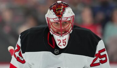 New Jersey Devils goaltender Jacob Markstrom (25) smiles: James Guillory-Imagn Images