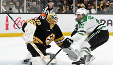 Mar 31, 2026; Boston, Massachusetts, USA; Boston Bruins goaltender Joonas Korpisalo (70) makes a save on a shot by Dallas Stars left wing Jason Robertson (21) during the second period at the TD Garden. Mandatory Credit: Brian Fluharty-Imagn Images