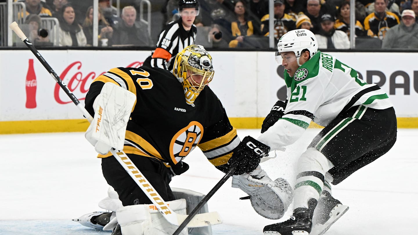 Mar 31, 2026; Boston, Massachusetts, USA; Boston Bruins goaltender Joonas Korpisalo (70) makes a save on a shot by Dallas Stars left wing Jason Robertson (21) during the second period at the TD Garden. Mandatory Credit: Brian Fluharty-Imagn Images