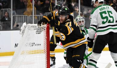 Mar 31, 2026; Boston, Massachusetts, USA; Boston Bruins left wing Viktor Arvidsson (71) reacts after scoring a goal against the Dallas Stars during the first period at the TD Garden. Mandatory Credit: Brian Fluharty-Imagn Images