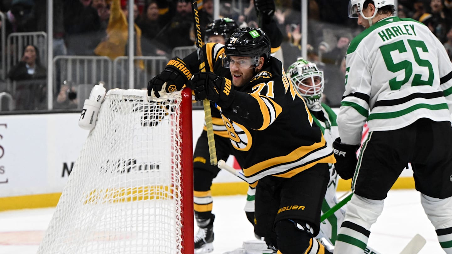 Mar 31, 2026; Boston, Massachusetts, USA; Boston Bruins left wing Viktor Arvidsson (71) reacts after scoring a goal against the Dallas Stars during the first period at the TD Garden. Mandatory Credit: Brian Fluharty-Imagn Images