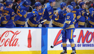 Mar 31, 2026; Buffalo, New York, USA; Buffalo Sabres right wing Jack Quinn (22) celebrates his goal with teammates during the first period against the New York Islanders at KeyBank Center. Mandatory Credit: Timothy T. Ludwig-Imagn Images