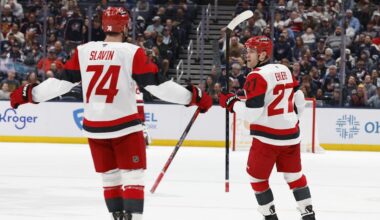 Mar 31, 2026; Columbus, Ohio, USA; Carolina Hurricanes left wing Nikolaj Ehlers (27) celebrates his goal against the Carolina Hurricanes during the third period at Nationwide Arena. Mandatory Credit: Russell LaBounty-Imagn Images