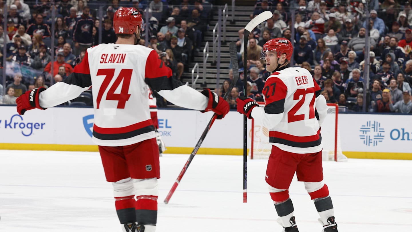 Mar 31, 2026; Columbus, Ohio, USA; Carolina Hurricanes left wing Nikolaj Ehlers (27) celebrates his goal against the Carolina Hurricanes during the third period at Nationwide Arena. Mandatory Credit: Russell LaBounty-Imagn Images