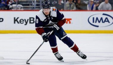 Mar 18, 2026; Denver, Colorado, USA; Colorado Avalanche defenseman Cale Makar (8) controls the puck in the second period against the Dallas Stars at Ball Arena. Mandatory Credit: Isaiah J. Downing-Imagn Images