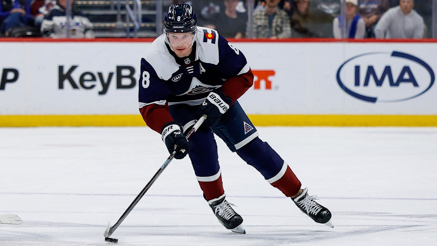 Mar 18, 2026; Denver, Colorado, USA; Colorado Avalanche defenseman Cale Makar (8) controls the puck in the second period against the Dallas Stars at Ball Arena. Mandatory Credit: Isaiah J. Downing-Imagn Images