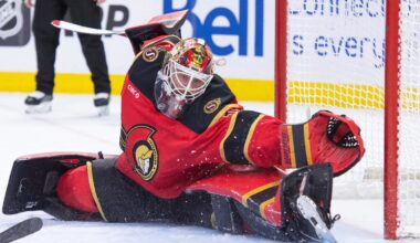 Mar 26, 2026; Ottawa, Ontario, CAN; Ottawa Senators goalie Linus Ullmark (35) reaches for the puck in the second period against the Pittsburgh Penguins at the Canadian Tire Centre. Mandatory Credit: Marc DesRosiers-IMAGN Images