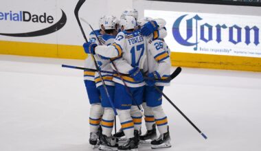 Mar 30, 2026; San Jose, California, USA;  St. Louis Blues defenseman Cam Fowler (17) celebrates with teammates after scoring a goal against the San Jose Sharks in the third period at SAP Center at San Jose. Mandatory Credit: David Gonzales-Imagn Images