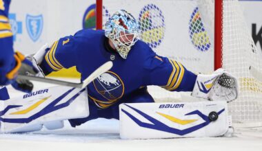 Mar 31, 2026; Buffalo, New York, USA;  Buffalo Sabres goaltender Ukko-Pekka Luukkonen (1) makes a pad save during the third period against the New York Islanders at KeyBank Center. Mandatory Credit: Timothy T. Ludwig-Imagn Images