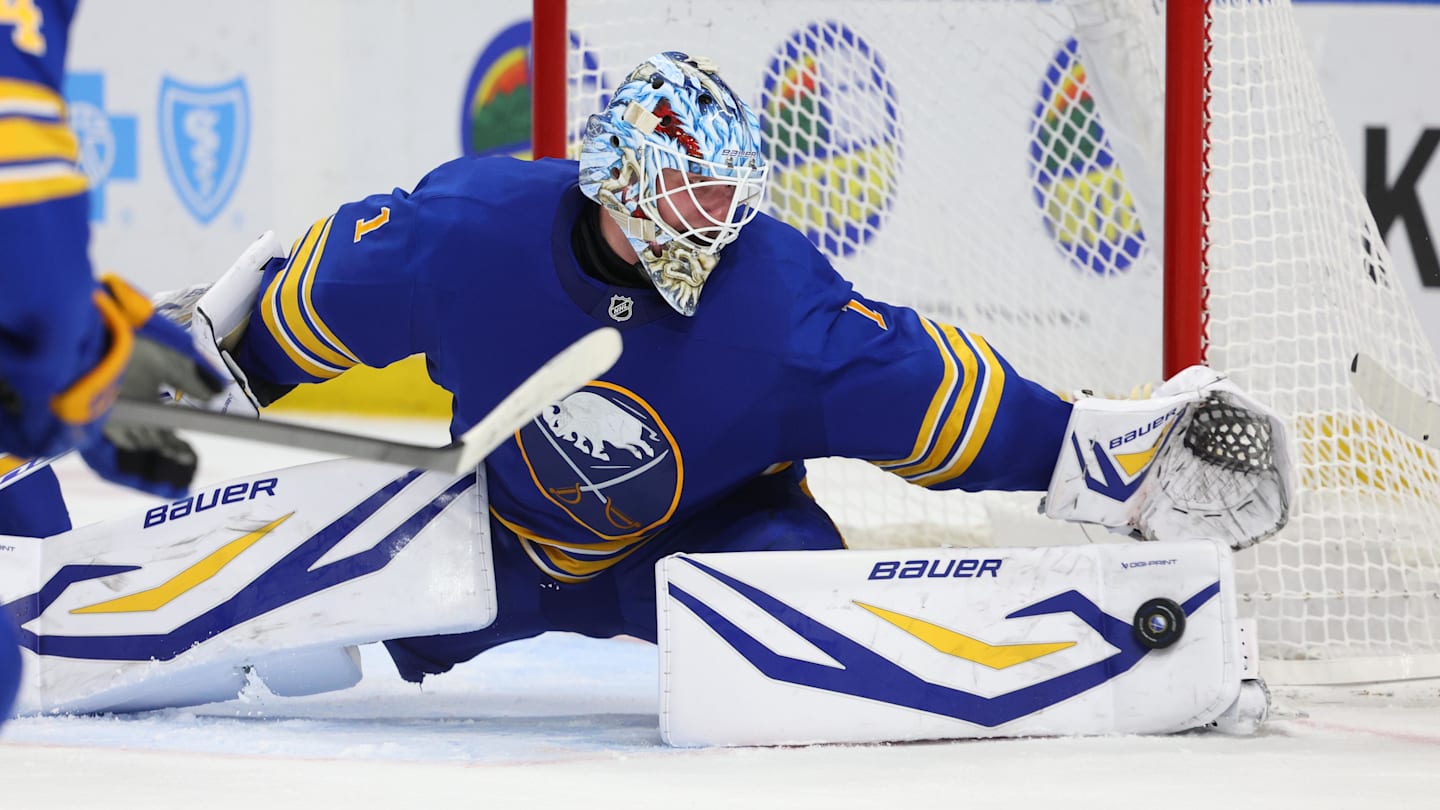 Mar 31, 2026; Buffalo, New York, USA;  Buffalo Sabres goaltender Ukko-Pekka Luukkonen (1) makes a pad save during the third period against the New York Islanders at KeyBank Center. Mandatory Credit: Timothy T. Ludwig-Imagn Images