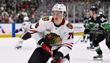 Mar 8, 2026; Dallas, Texas, USA; Chicago Blackhawks left wing Nick Lardis (76) skates against the Dallas Stars during the game between the Stars and the Blackhawks at American Airlines Center. Mandatory Credit: Jerome Miron-Imagn Images