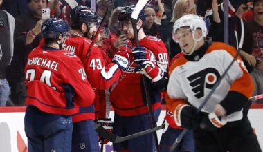 Mar 31, 2026; Washington, District of Columbia, USA; Washington Capitals right wing Tom Wilson (43) celebrates with teammates after scoring an empty-net goal against the Philadelphia Flyers during the third period at Capital One Arena. Mandatory Credit: Geoff Burke-Imagn Images