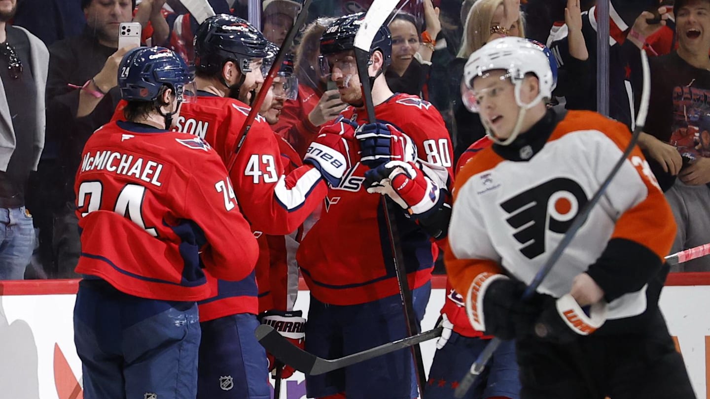 Mar 31, 2026; Washington, District of Columbia, USA; Washington Capitals right wing Tom Wilson (43) celebrates with teammates after scoring an empty-net goal against the Philadelphia Flyers during the third period at Capital One Arena. Mandatory Credit: Geoff Burke-Imagn Images