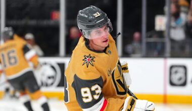 Mar 26, 2026; Las Vegas, Nevada, USA; Vegas Golden Knights right wing Mitch Marner (93) warms up before a game against the Edmonton Oilers at T-Mobile Arena. Mandatory Credit: Stephen R. Sylvanie-Imagn Images