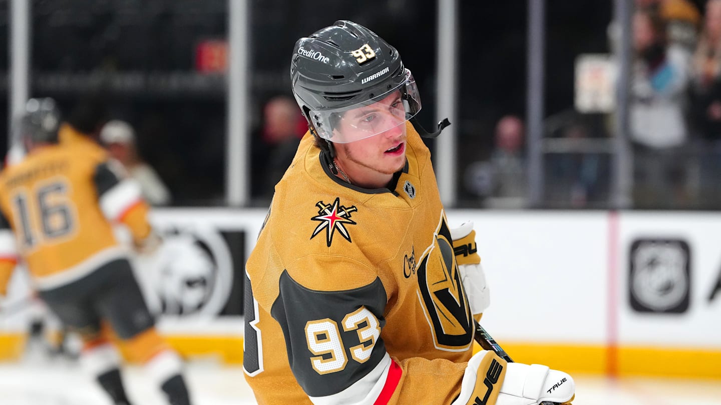 Mar 26, 2026; Las Vegas, Nevada, USA; Vegas Golden Knights right wing Mitch Marner (93) warms up before a game against the Edmonton Oilers at T-Mobile Arena. Mandatory Credit: Stephen R. Sylvanie-Imagn Images