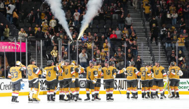 Mar 30, 2026; Las Vegas, Nevada, USA; Vegas Golden Knights players celebrate after defeating the Vancouver Canucks 4-2 at T-Mobile Arena. Mandatory Credit: Stephen R. Sylvanie-Imagn Images