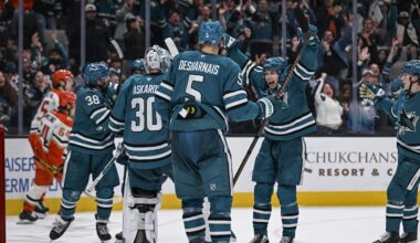 Apr 1, 2026; San Jose, California, USA; The Sharks celebrate after defeating the Anaheim Ducks at SAP Center at San Jose. Mandatory Credit: Justine Willard-Imagn Images